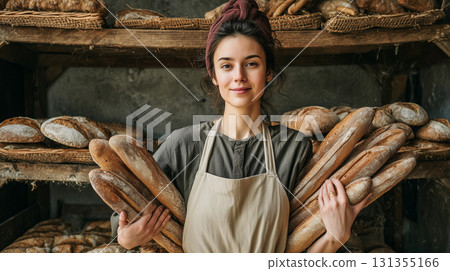 A cute shot of a young woman wearing a bakery uniform and an apron carrying bread inside the store. 131355166
