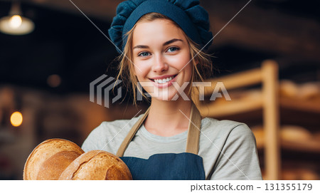 A photo of a young female staff member carefully carrying freshly baked bread | Working in an apron and casual clothes 131355179