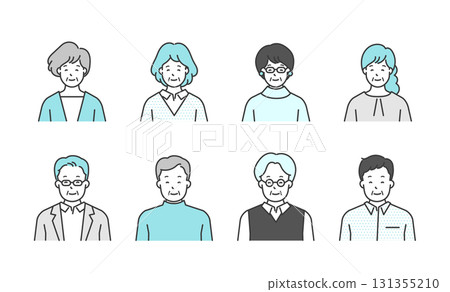 Simple upper body image of smiling senior men and women. Positive emotional expression illustration material set. Smile, smiling, calm. 131355210