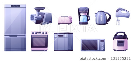 Cartoon kitchen electronics. Home appliances for cooking, fridge, coffee maker and pot. Meat grinder microwave oven mixer multicooker nowaday vector set Cartoon kitchen electronics. Home appliances for cooking, fridge, coffee maker and pot. Meat grinder microwave oven mixer multicooker nowaday vector set 131355231