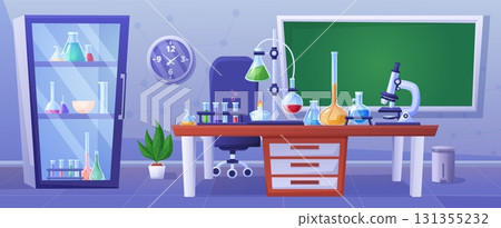 Chemical laboratory interior. Refrigerator for laboratory chemical or biological samples and specimens. Glass flasks and test tubes, science cabinet nowaday vector scene 131355232