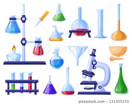 Cartoon chemical laboratory equipment. Glass flask and test tubes, microscope, bowl. Science tools, chemistry biology lab inventory, nowaday vector set 131355233