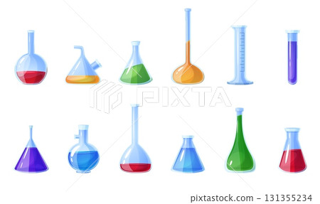 Cartoon glass chemical equipment. Laboratory glassware, test tubes, flasks. Chemistry lab containers for experiments. Scientific inventory nowaday vector set 131355234