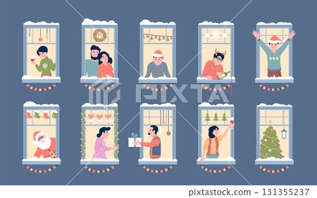 Christmas neighbors in windows. Celebrating xmas or new year with neighborhood community. Seasonal festive decorations, happy holidays recent vector scene Christmas neighbors in windows. Celebrating xmas or new year with neighborhood community. Seasonal festive decorations, happy holidays recent vector scene 131355237