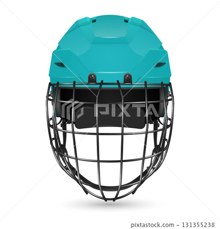 Vector 3d Realistic Blue Hockey Helmet with Cage Front View. Protective Ice Hockey Helmet Safety Gear for Player Equipment. Modern Hockey Helmet, Isolated 131355238