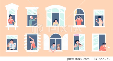 People in windows. Neighborhood community, men women looking out on street, reading, drinking, play music. Different neighbors characters, recent vector scene People in windows. Neighborhood community, men women looking out on street, reading, drinking, play music. Different neighbors characters, recent vector scene 131355239