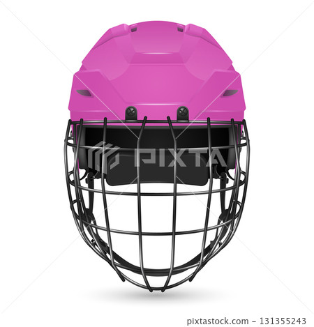Vector 3d Realistic Pink Hockey Helmet with Cage Front View. Protective Ice Hockey Helmet Safety Gear for Player Equipment. Modern Hockey Helmet, Isolated Vector 3d Realistic Pink Hockey Helmet with Cage Front View. Protective Ice Hockey Helmet Safety Gear for Player Equipment. Modern Hockey Helmet, Isolated 131355243