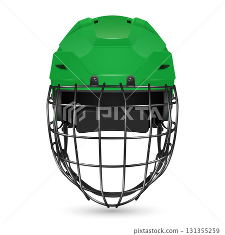 Vector 3d Realistic Green Hockey Helmet with Cage Front View. Protective Ice Hockey Helmet Safety Gear for Player Equipment. Modern Hockey Helmet, Isolated 131355259