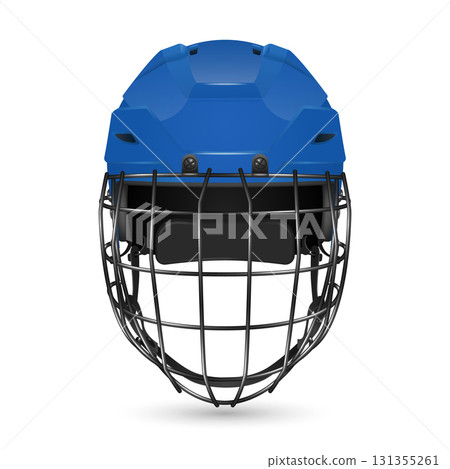 Vector 3d Realistic Blue Hockey Helmet with Cage Front View. Protective Ice Hockey Helmet Safety Gear for Player Equipment. Modern Hockey Helmet, Isolated 131355261