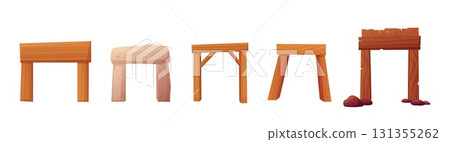 Wooden and stones arches. Entries in mines, taverns, cartoon arch in wild west style. Isolated architecture elements for decor and design, vector set 131355262