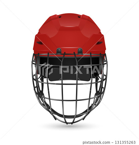 Vector 3d Realistic Red Hockey Helmet with Cage Front View. Protective Ice Hockey Helmet Safety Gear for Player Equipment. Modern Hockey Helmet, Isolated 131355263