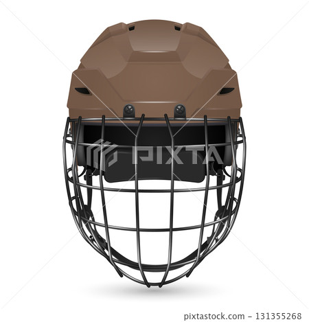Vector 3d Realistic Brown Hockey Helmet with Cage Front View. Protective Ice Hockey Helmet Safety Gear for Player Equipment. Modern Hockey Helmet, Isolated 131355268