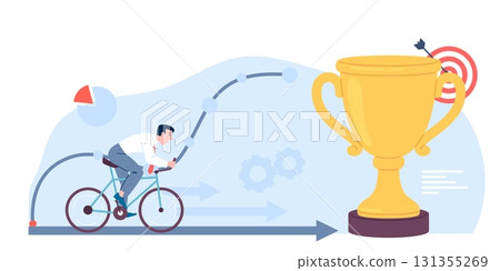 Man in bicycle moves towards goal. Work achievement, ride to golden prize or target. Tired office worker riding, vector concept of achievements and victory over oneself 131355269