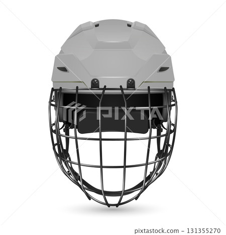 Vector 3d Realistic Gray Hockey Helmet with Cage Front View. Protective Ice Hockey Helmet Safety Gear for Player Equipment. Modern Hockey Helmet, Isolated 131355270