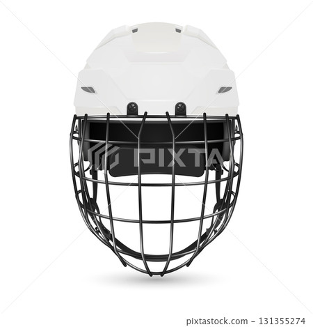 Vector 3d Realistic White Hockey Helmet with Cage Front View. Protective Ice Hockey Helmet Safety Gear for Player Equipment. Modern Hockey Helmet, Isolated 131355274