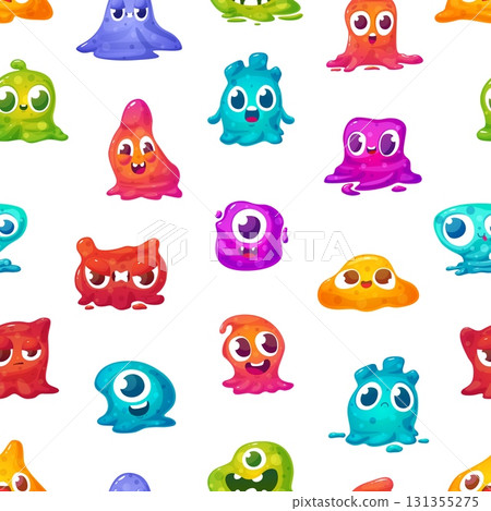 Cartoon slimy monsters seamless pattern. Funny aliens, children mascots. Print for fabric, wallpaper, wrapping, web design, vector background 131355275