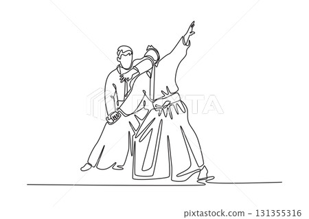 Continuous one line drawing dynamic Aikido throw, with one male figure controlling his partner's momentum and unbalancing with a precise maneuver. Single line draw design vector graphic illustration Continuous one line drawing dynamic Aikido throw, with one male figure controlling his partner's momentum and unbalancing with a precise maneuver. Single line draw design vector graphic illustration 131355316