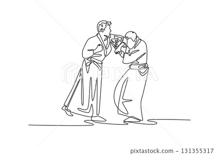 Continuous one line drawing two men engage in Aikido exercise, with one figure evading attack while the other maintain control, precise positioning. Single line draw design vector graphic illustration Continuous one line drawing two men engage in Aikido exercise, with one figure evading attack while the other maintain control, precise positioning. Single line draw design vector graphic illustration 131355317