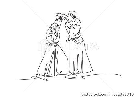 Continuous one line drawing two men execute head-and-neck control, with one figure applying precise pressure on the other, fluid technique Aikido. Single line draw design vector graphic illustration Continuous one line drawing two men execute head-and-neck control, with one figure applying precise pressure on the other, fluid technique Aikido. Single line draw design vector graphic illustration 131355319