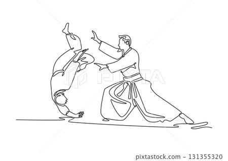 Continuous one line drawing dynamic Aikido throw, with one male figure controlling his partner's executes a forward roll, principle of unbalancing. Single line draw design vector graphic illustration Continuous one line drawing dynamic Aikido throw, with one male figure controlling his partner's executes a forward roll, principle of unbalancing. Single line draw design vector graphic illustration 131355320