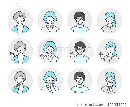 Senior woman upper body positive and negative emotions simple image icon illustration material set Senior woman upper body positive and negative emotions simple image icon illustration material set 131355322