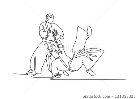 Continuous one line drawing dynamic Aikido technique, with one male figure controlling his partner's momentum through precise wrist lock and throw. Single line draw design vector graphic illustration Continuous one line drawing dynamic Aikido technique, with one male figure controlling his partner's momentum through precise wrist lock and throw. Single line draw design vector graphic illustration 131355323