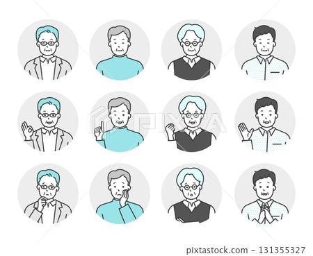 Senior male upper body positive and negative emotions simple image icon illustration material set 131355327