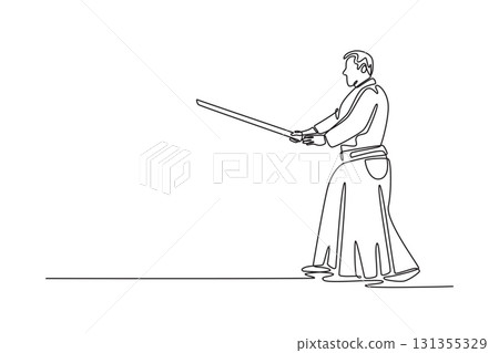 Single continuous line drawing man in traditional uniform stands in ready stance, holding long staff, disciplined focus and readiness of Aikido weapon. One line draw graphic design vector illustration Single continuous line drawing man in traditional uniform stands in ready stance, holding long staff, disciplined focus and readiness of Aikido weapon. One line draw graphic design vector illustration 131355329