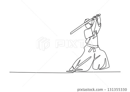 Single continuous line drawing man in low stance holds sword high overhead, poised for powerful strike, focus and grounded power of Aikido weapon form. One line draw graphic design vector illustration Single continuous line drawing man in low stance holds sword high overhead, poised for powerful strike, focus and grounded power of Aikido weapon form. One line draw graphic design vector illustration 131355330
