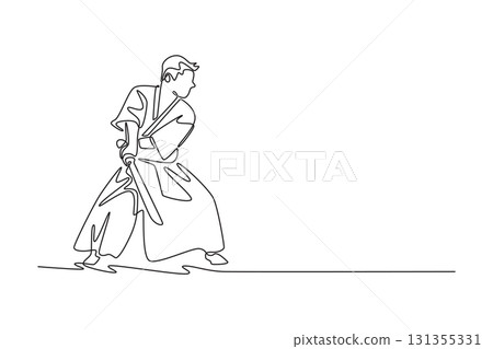 Single continuous line drawing male athlete in powerful stance, holding a sword at his hip, moment of intense focus and readiness for swift maneuver. One line draw graphic design vector illustration 131355331