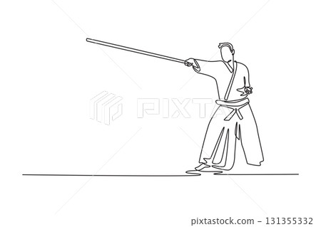 Single continuous line drawing man in low stance holds long staff extended in powerful forward thrust, focus and strength Aikido weapon form. Dynamic one line draw graphic design vector illustration Single continuous line drawing man in low stance holds long staff extended in powerful forward thrust, focus and strength Aikido weapon form. Dynamic one line draw graphic design vector illustration 131355332
