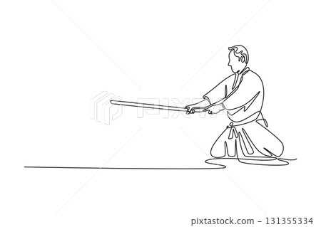 Single continuous line drawing man in disciplined stance, holding sword extended forward, focus and grounded posture of traditional Aikido weapon form. One line draw graphic design vector illustration Single continuous line drawing man in disciplined stance, holding sword extended forward, focus and grounded posture of traditional Aikido weapon form. One line draw graphic design vector illustration 131355334