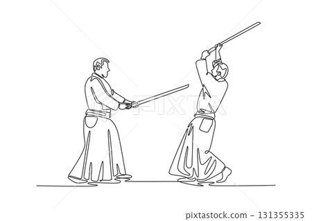 Single one line drawing two men in traditional martial arts clothing engaged in a sword training drill, one attacking and the other defending. Continuous line draw design graphic vector illustration 131355335