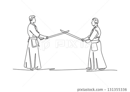 Single continuous line drawing two men in aikido standoff, their training swords crossed, capturing the tense moment of disciplined sparring. Dynamic one line draw graphic design vector illustration 131355336