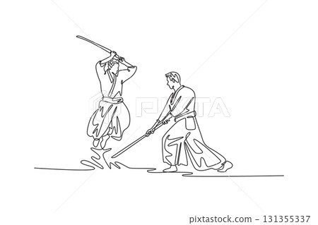 Single continuous line drawing two men in weapon drill, one figure attacking while airborne with sword, the other countering from low, grounded stance. One line draw graphic design vector illustration 131355337