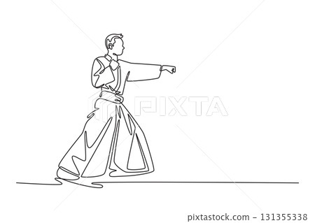 Single one line drawing man in traditional uniform in low stance, delivering focused punch, disciplined power and readiness of aikido posture. Continuous line draw design graphic vector illustration Single one line drawing man in traditional uniform in low stance, delivering focused punch, disciplined power and readiness of aikido posture. Continuous line draw design graphic vector illustration 131355338