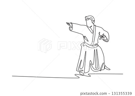 Single one line drawing man in traditional uniform with arms extended in controlling or guiding posture, focused energy of an Aikido technique. Continuous line draw design graphic vector illustration Single one line drawing man in traditional uniform with arms extended in controlling or guiding posture, focused energy of an Aikido technique. Continuous line draw design graphic vector illustration 131355339