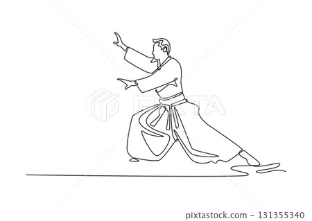 Single one line drawing male athlete in a low, wide, defensive stance, arms outstretched, grounded stability, focused energy of Aikido posture. Continuous line draw design graphic vector illustration Single one line drawing male athlete in a low, wide, defensive stance, arms outstretched, grounded stability, focused energy of Aikido posture. Continuous line draw design graphic vector illustration 131355340