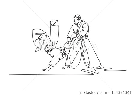 Single one line drawing a dynamic Aikido technique, with one male figure controlling inverted fall of his partner, art of control and momentum. Continuous line draw design graphic vector illustration 131355341