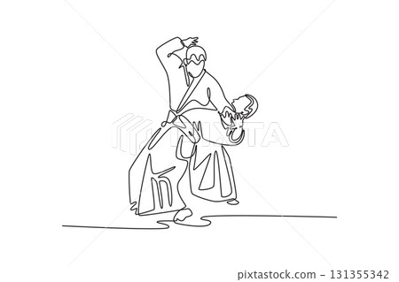 Single one line drawing two men perform hip throw maneuver, attacker controlling body of his partner, technical precision of Aikido technique. Continuous line draw design graphic vector illustration Single one line drawing two men perform hip throw maneuver, attacker controlling body of his partner, technical precision of Aikido technique. Continuous line draw design graphic vector illustration 131355342