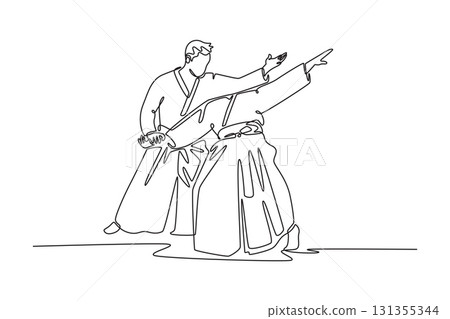 Continuous one line drawing two men performing Aikido technique, one figure extending his partner's arm to redirect his energy, controlled motion. Single line draw design vector graphic illustration Continuous one line drawing two men performing Aikido technique, one figure extending his partner's arm to redirect his energy, controlled motion. Single line draw design vector graphic illustration 131355344