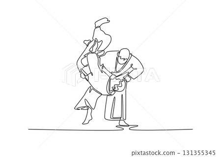 Continuous one line drawing dynamic Aikido throw, with one male figure lifting his partner completely off ground, over his hip, power and technique. Single line draw design vector graphic illustration Continuous one line drawing dynamic Aikido throw, with one male figure lifting his partner completely off ground, over his hip, power and technique. Single line draw design vector graphic illustration 131355345