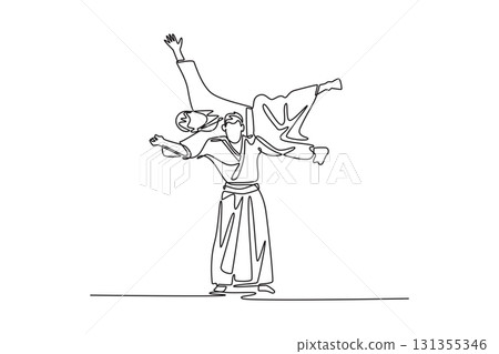 Continuous one line drawing dynamic Aikido throw, with one male figure lifting and inverting his partner, effortless power and balance of technique. Single line draw design vector graphic illustration Continuous one line drawing dynamic Aikido throw, with one male figure lifting and inverting his partner, effortless power and balance of technique. Single line draw design vector graphic illustration 131355346