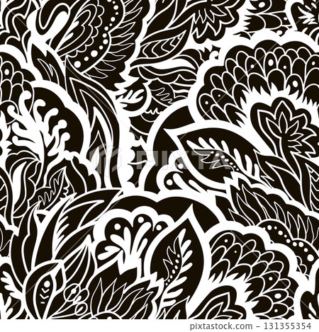 Monochrome ornate pattern with abstract floral elements. Hand-drawn  illustration 131355354