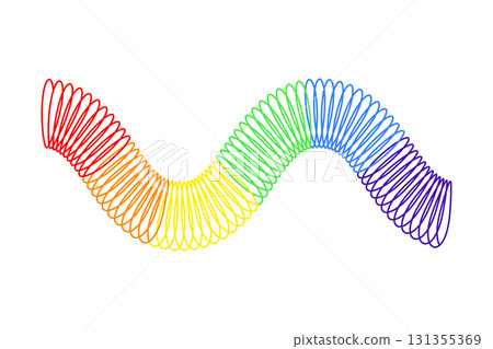 Rainbow colored flexible spring in wavy shape isolated on white background. Children slinky toy popular in the 90s. Plastic multicolored elastic spiral. Vector flat illustration Rainbow colored flexible spring in wavy shape isolated on white background. Children slinky toy popular in the 90s. Plastic multicolored elastic spiral. Vector flat illustration 131355369