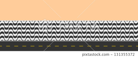 Top view of beach, road and sidewalk with Copacabana print. Repeating black and white waving texture in Portuguese pavement style. Fragment of famous Brazilian promenade. Vector flat illustration 131355372
