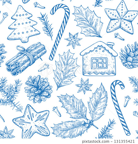 Seamless pattern with Christmas and New year elements, cookies, candies, pine branches and spices. Hand-drawn illustration in vintage old style. Seamless pattern with Christmas and New year elements, cookies, candies, pine branches and spices. Hand-drawn illustration in vintage old style. 131355421