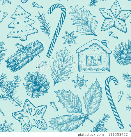 Seamless pattern with Christmas and New year elements, cookies, candies, pine branches and spices. Hand-drawn illustration in vintage old style. Seamless pattern with Christmas and New year elements, cookies, candies, pine branches and spices. Hand-drawn illustration in vintage old style. 131355422