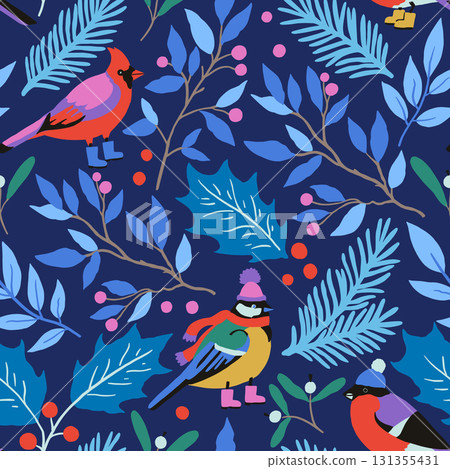Christmas seamless pattern with cute design elements, Christmas tree toys, winter birds, fir tree and holly. Hand drawn  illustration for wrapping paper and greeting cards 131355431