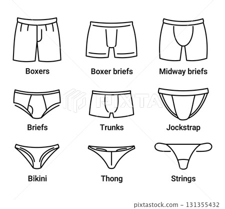 Mens underwear types. Male underpants different type pictogram, boxer shorts bikini slip jockstrap trunks bikini string thong briefs man pants panties, kicky vector illustration Mens underwear types. Male underpants different type pictogram, boxer shorts bikini slip jockstrap trunks bikini string thong briefs man pants panties, kicky vector illustration 131355432